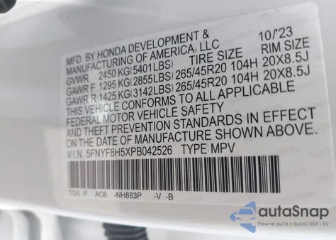 2023 Honda Passport Awd Ex-L z USA, uszkodzony, nr VIN 5FNYF8H5XPB042526